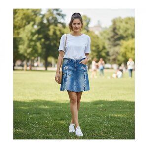 Dilvin Jeans Women's MAVI Blue Denim Patchwork Distressed Skirt Size US 06/EU-38